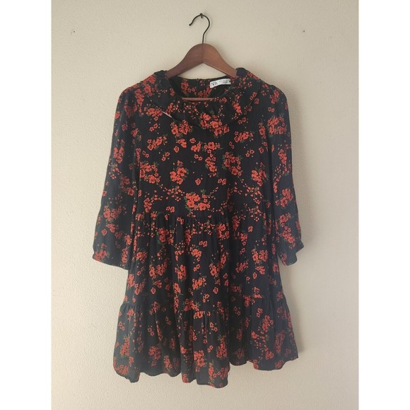 Zara Womens Black/Red Floral Ruffle Collar Long Sleeve Babydoll Mini Dress Sz S - Picture 1 of 4